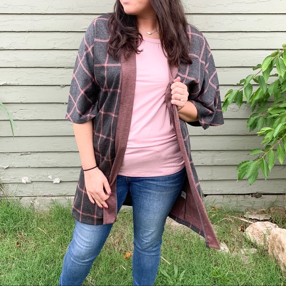 Charcoal and burgundy plaid cardigan - Picture 5 of 7